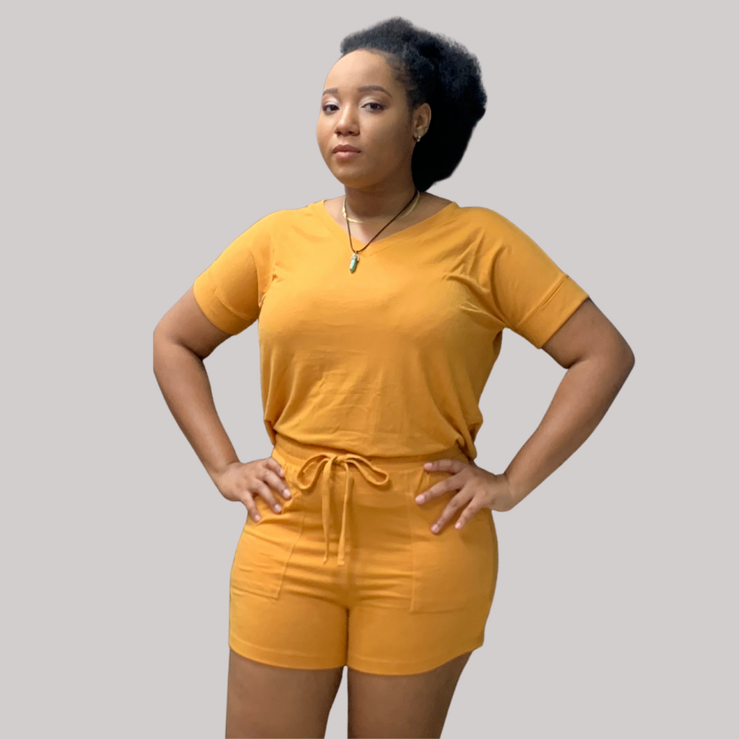 Drop Shoulder Top and Drawstring Shorts Set - Golden Mustard
